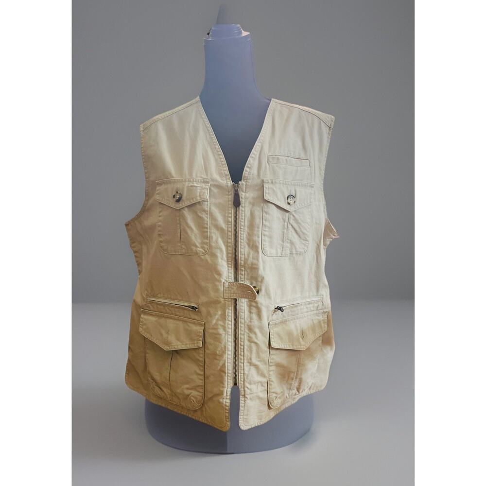 LL Bean Fishing Vest XL Beige Canvas Full Zip Cargo Hiking Safari Photography
